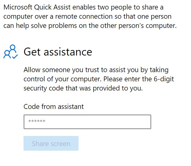 Example of a remote access request using Quick Assist